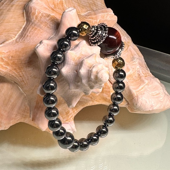 GUNPOWDER HEMATITE + TIGERS EYE NATURAL STONES BRACELET size 7” up to 7.5” - Picture 2 of 10